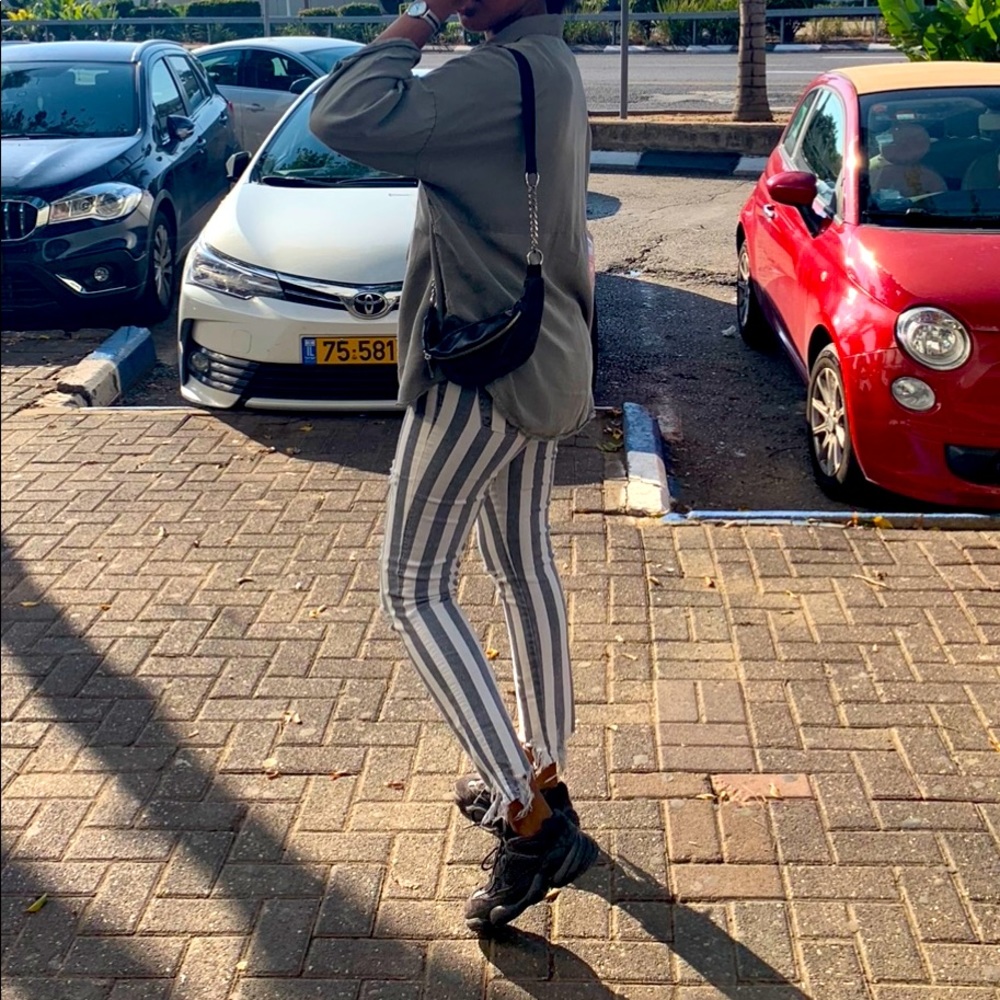 vertical high waisted stripe distressed jeans